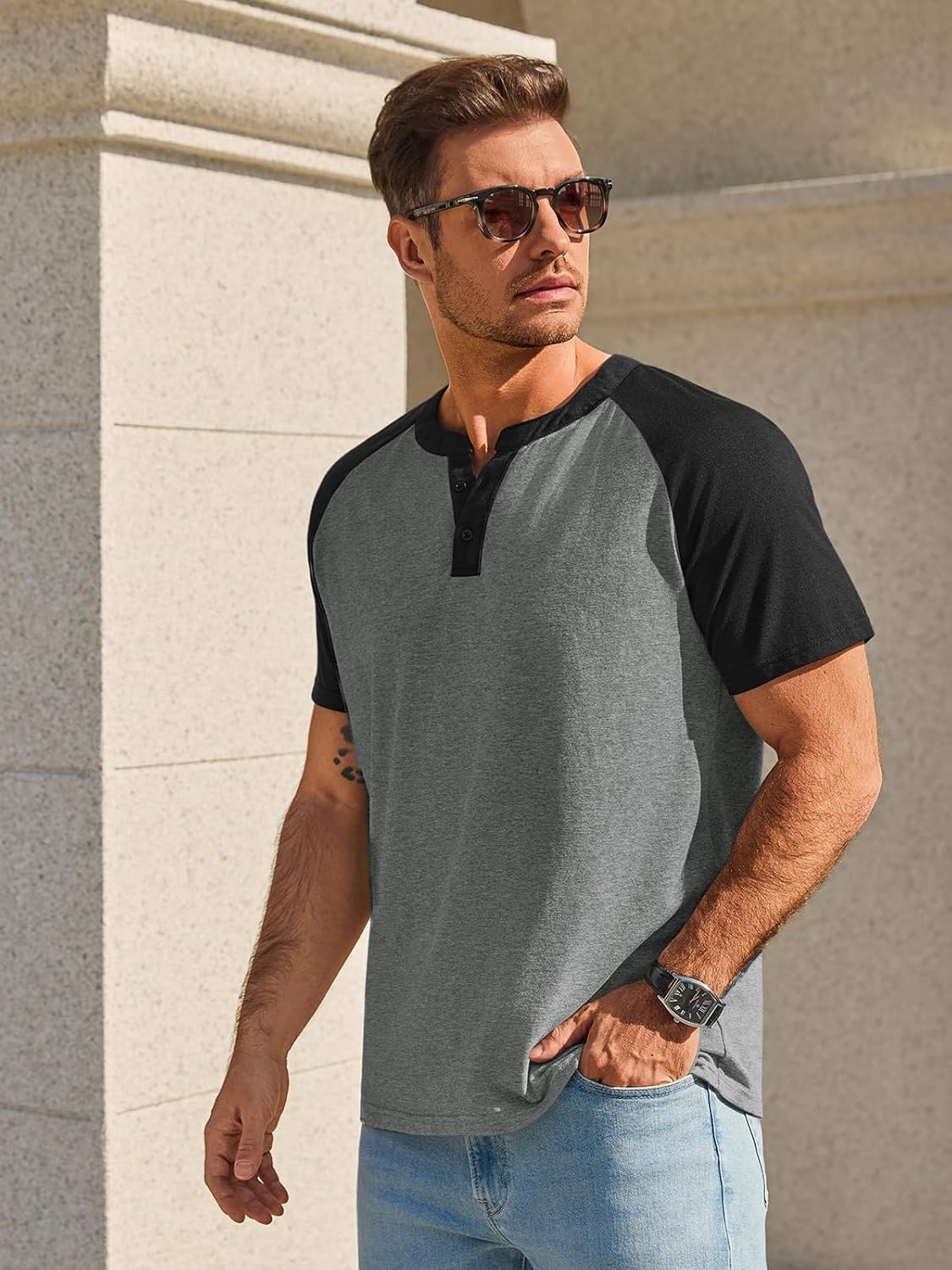 Runcati Mens Henley Shirts Casual Short Sleeve Raglan Tees Workout T-Shirts | Baseball tshirts, Henley tops, Color block, Lightweight, Classic, Cotton blend, Workout, for Summer Beach, Vacations, Gym